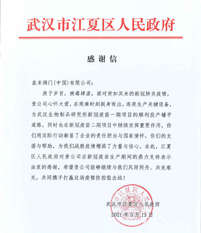 武汉市江夏区人民政府给盖米中国感谢信图片