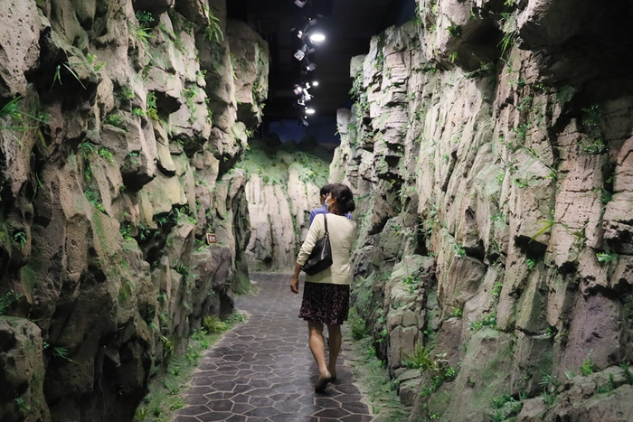 市民参观贵州省地质博物馆“马岭河大峡谷”复原场景。（央广网发 张翼晶 摄）