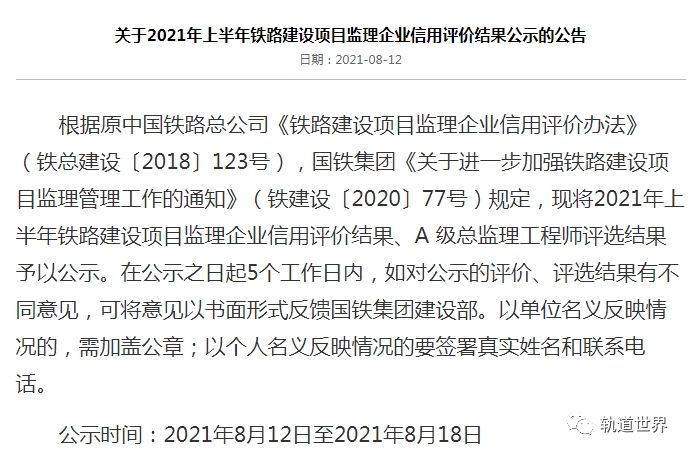 2021年上半年铁路建设项目监理企业信用评价结果(排名)__财经头条__新浪财经