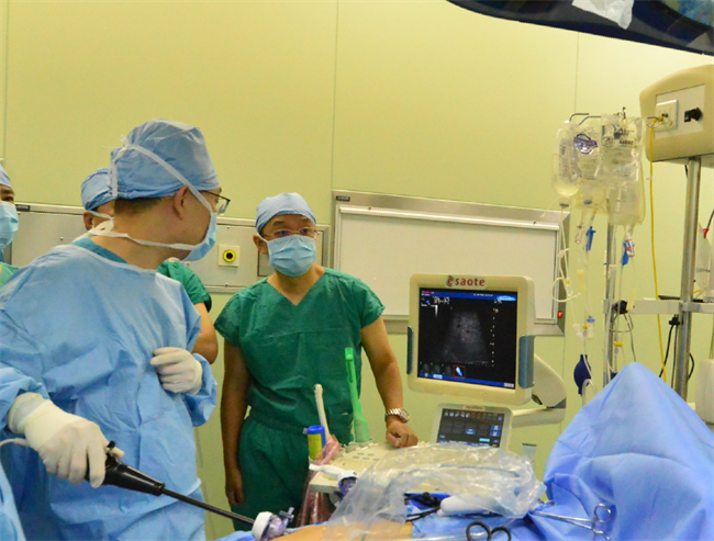 陈晓宁副主任医师操作特质超声探头，直接在腹腔镜下顺利进入腹腔，更加直观和准确定位肿瘤位置。哈医大二院 供图