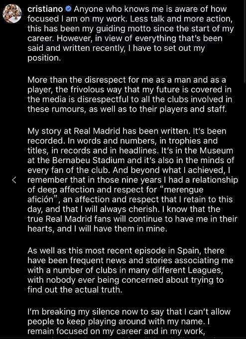 C罗社交媒体截图。