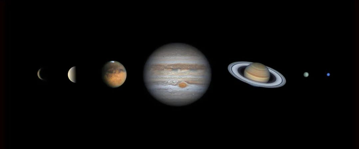 ↑广东省天文爱好者周志伟2020年拍摄的水星、金星、火星、木星、土星、天王星、海王星（多张叠加）。（本人供图）