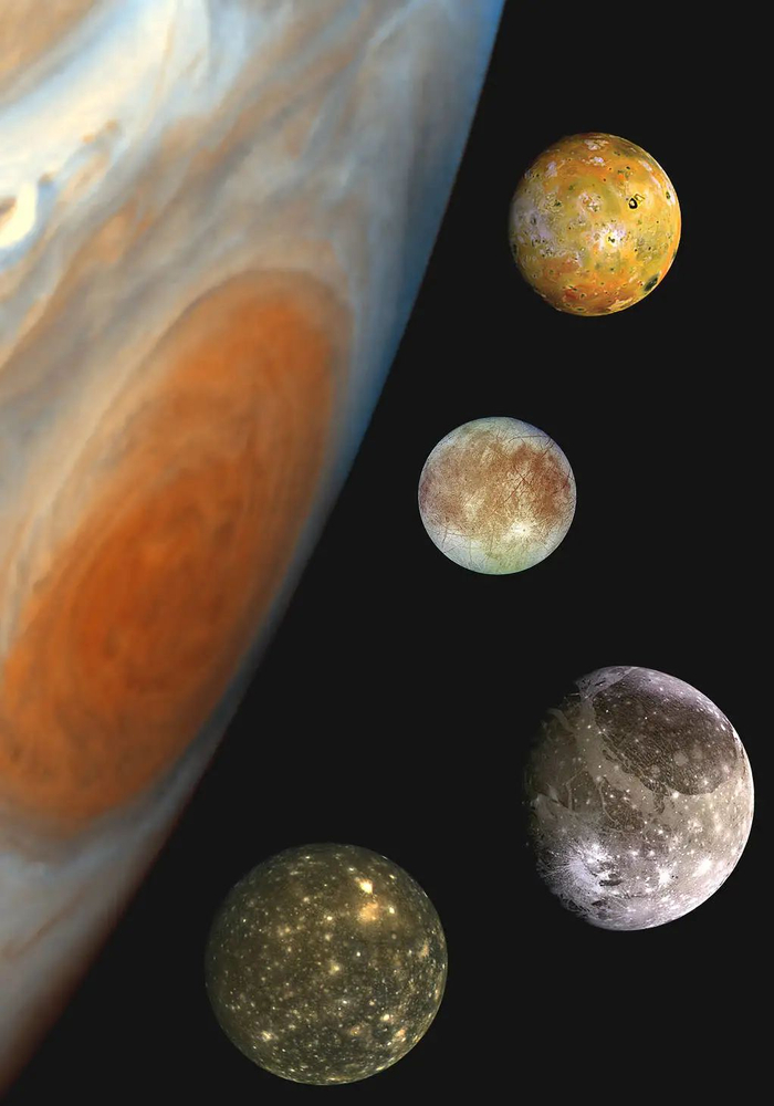 ↑木星大红斑与四颗伽利略卫星合成图。（图片来源美国国家航空航天局官方网站）