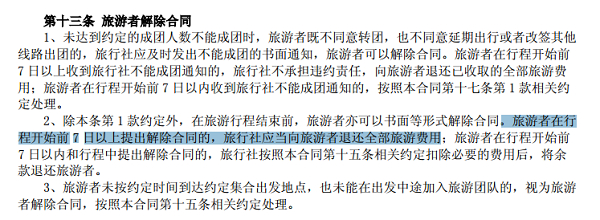 图说：示范文本合同称：“旅游者在行程开始前7日以上提出解除合同的，旅行社应当向旅游者退还全部旅游费用。”