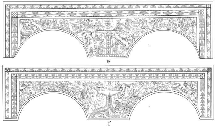 图一七  前室西过梁画像摹本e. 东面  f. 西面