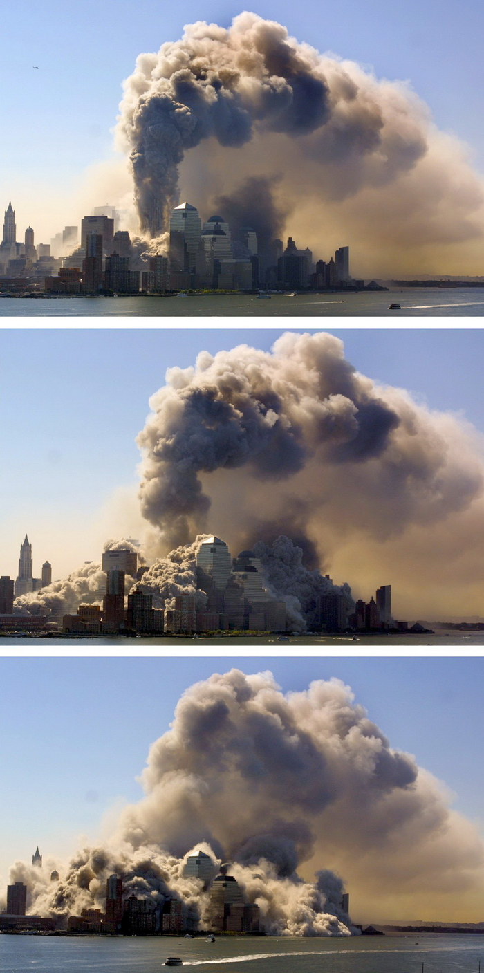 撞击后不到2小时，世贸大厦南塔、北塔先后垂直倒塌，现场浓烟翻滚，遮天蔽日。