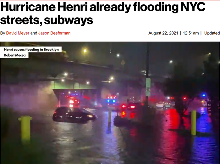 飓风“亨利”带来的暴雨引发洪灾，导致纽约地铁被淹。《纽约邮报》报道截图