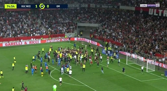 球迷涌入球场与球员打成一团。