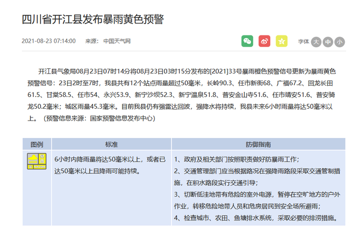 四川省暴雨黄色预警&nbsp; &nbsp;来源：中央气象台网站