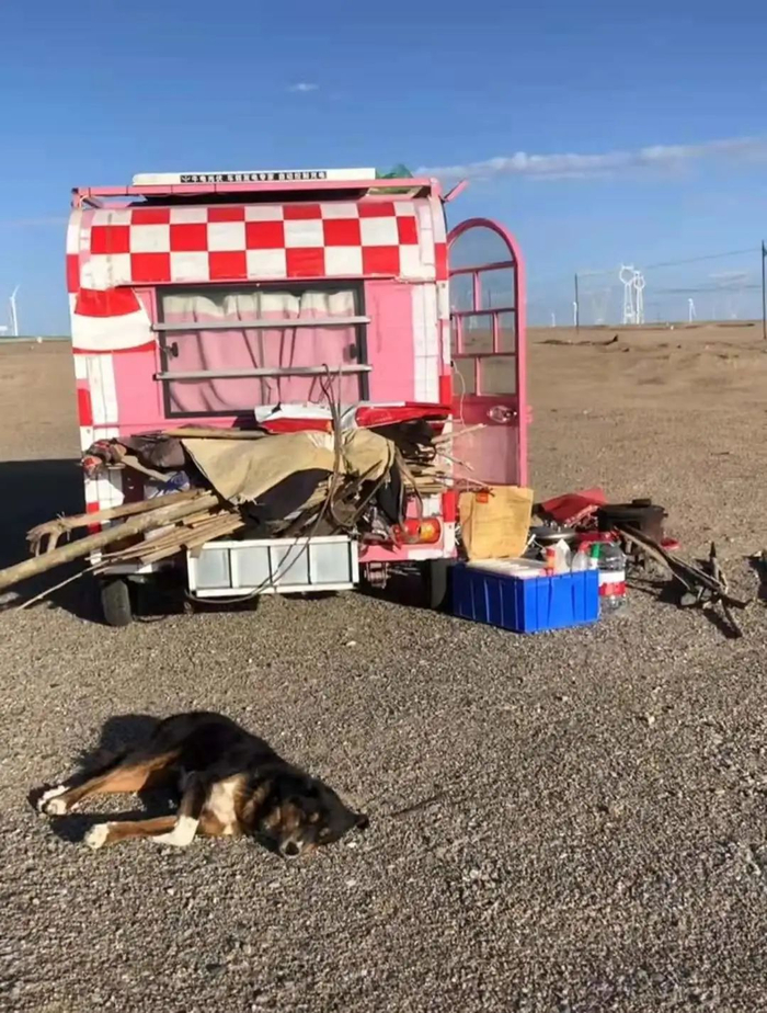 ▲7月11日，青海省海西蒙古族藏族自治州都兰县，美美将房车停靠在路边休息。来源：视频截图