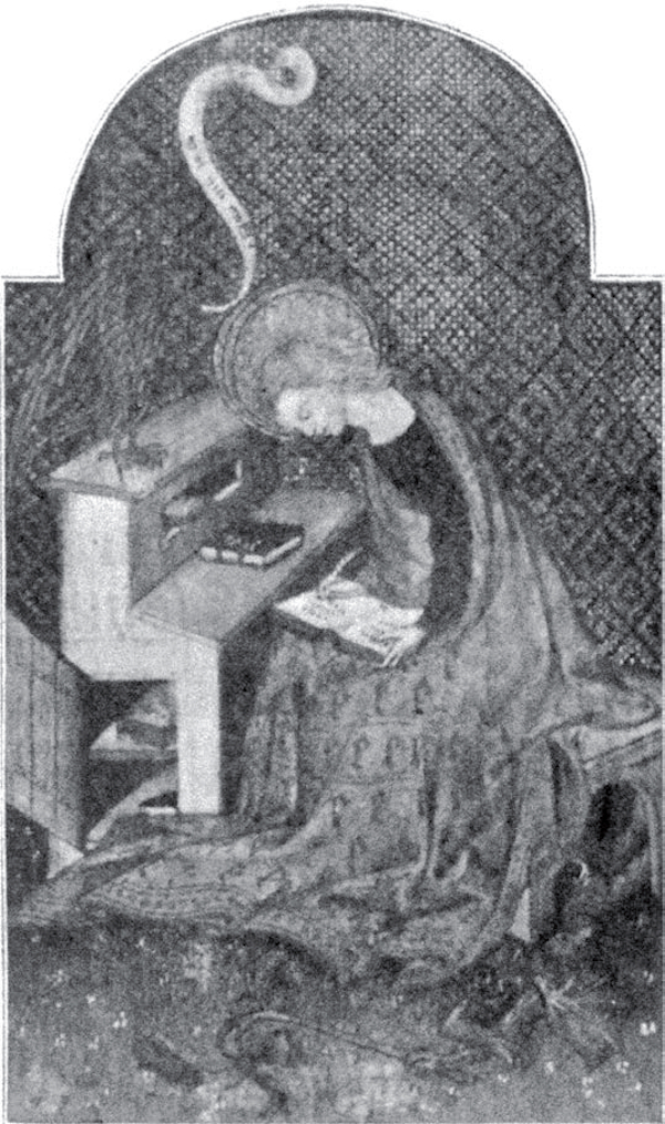 图6 正在撰写福音书的圣约翰（采自剑桥菲茨威廉博物馆《祈祷书》手稿）