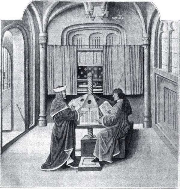 图1 图书馆中的两个人（采自大英博物馆《一对不幸的贵族男女的故事》手稿）