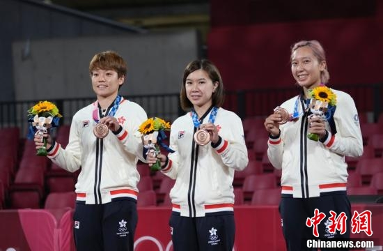 图为中国香港队展示奖牌。中新社记者 杜洋 摄