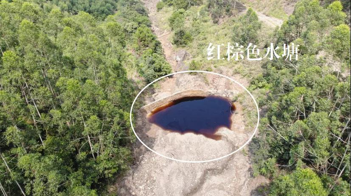 图2 贵港市金地矿业矿区范围内山间溪水沿废石堆场一路淋溶而下，形成红棕色水塘，水塘中氰化物、砷等指标超标