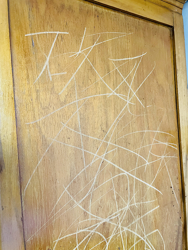 姜志东发病时在家中橱柜上用刀刻下的“砍”字