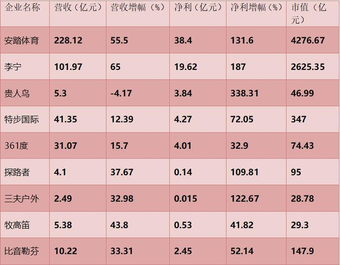 （上半年主要国产运动品牌上市公司业绩表现，制图《每日财报》）