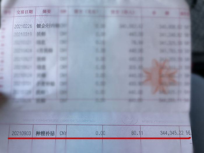 村民近日打印出来的银行流水显示，耕地去年被征收后，今年还领到了粮食补贴（总台央广记者 管昕 摄）