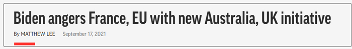 拜登决定与澳大利亚和英国结成联盟引起法国不满。来源：美联社