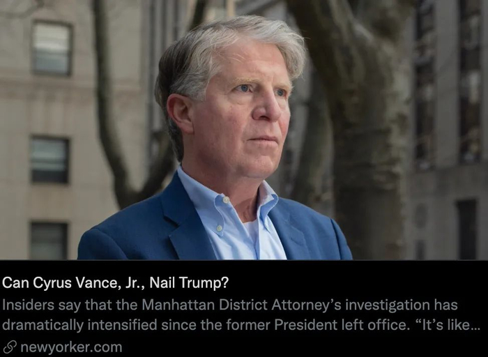 曼哈顿地区检察官万斯调查特朗普。/社交媒体报道截图