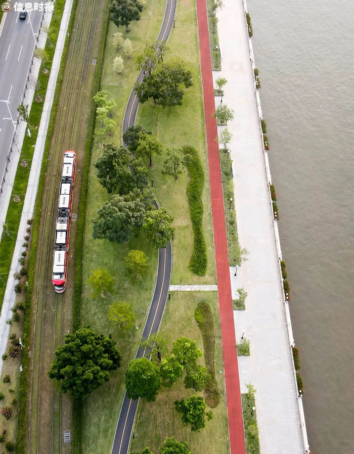 广州首条现代有轨电车线路的电车正在海珠区阅江路附近行驶。信息时报记者 叶伟报 摄