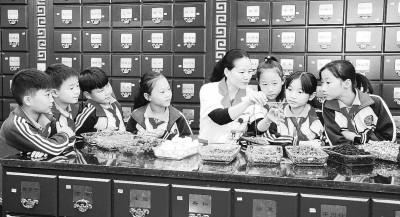 江西省新余市渝水区市场监管局联合通济社区组织渝水八小学生走进大药房，开展“辨识中药材，感受中医药文化魅力”课外主题实践活动。廖海金摄/光明图片