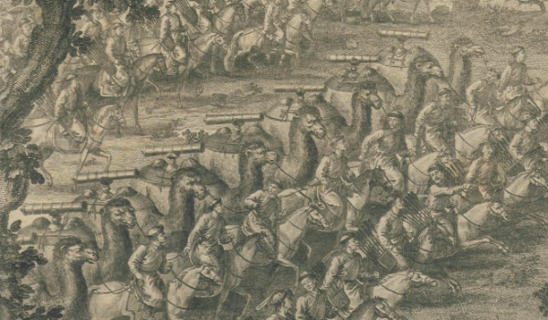 图12：清阿尔楚尔之战铜版画（局部）中的骆驼炮（德国柏林国立普鲁士文化基金会图书馆藏）