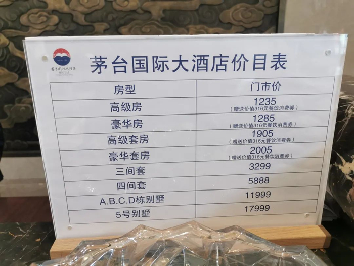 该图为茅台国际大酒店9月中旬的价格表