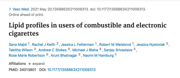 论文结论显示，封闭式电子烟用户的血脂水平与非烟民的血脂水平几乎没有差别