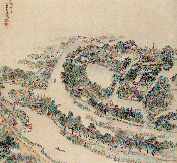 图1 明代园林全景图比较。张宏《止园图》