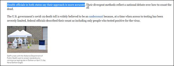 尽管在新冠死亡人数的统计标准上，科罗拉多州与阿拉巴马州曾存在相当大的差异，但两州的官员当时均称自己州的标准“更精确” 截图自《华盛顿邮报》 