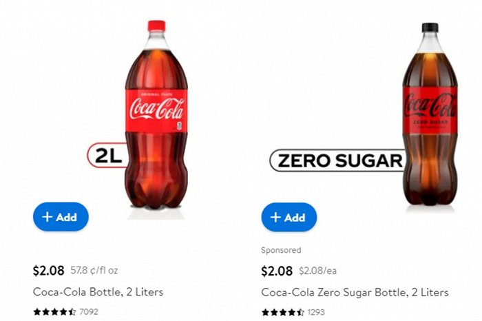 沃尔玛售卖的可口可乐普通版和无糖版价格相同 图片来源：美国沃尔玛官网截图