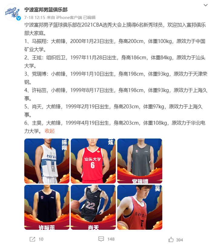 宁波富邦通过选秀摘下6位球员。