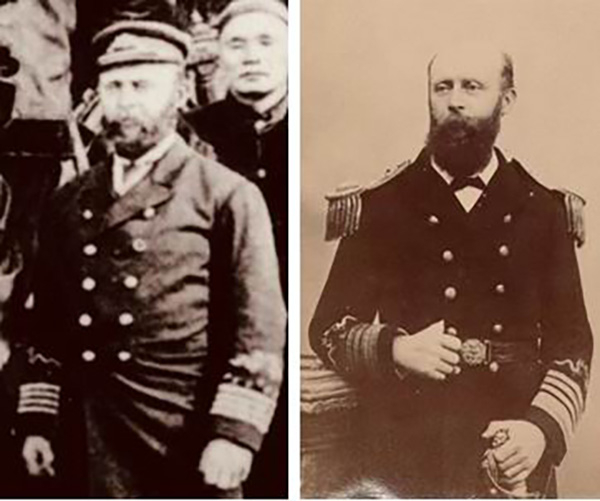 左为琅威理接舰时身穿海军上校军服；右为其返程时拍摄的身穿海军上将军服照