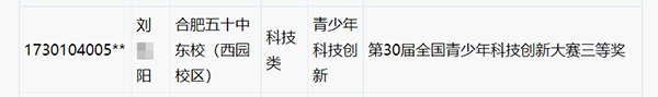 2017年合肥一六八中学科技类特长生报名名单中刘某阳的信息