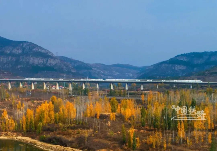 京沪高铁沿线泰山北麓，动车飞驰而过（中国铁路供图 姜艾勇 摄）