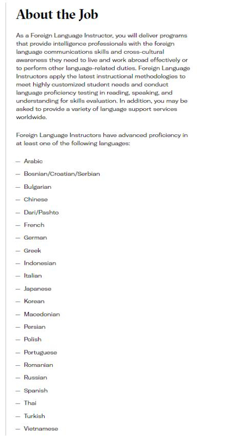 然而，CIA的招聘官网上并没有任何开放职位对中国方言的掌握程度作出要求。而公众号文章中使用的看似与中国方言相关的截图，经查证，实际上来自于CIA官网上一份对世界各地使用语言情况的介绍说明。