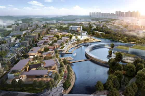 空港国际小镇中央水岸效果图过程稿 图片来源：华侨城提供