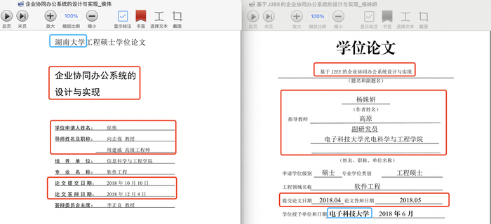 湖南大学侯伟的硕士学位论文介绍（左），电子科技大学杨姝妍的硕士学位论文介绍（右）。论文截图
