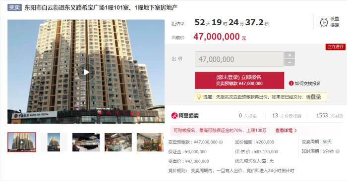 周晓光和丈夫虞云新名下的房地产正在被拍卖。 截图自阿里拍卖平台
