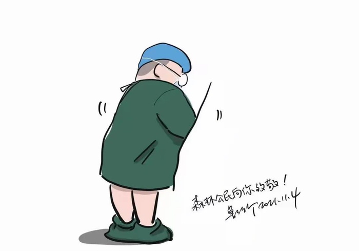 ▲有医生将照片发到朋友圈后，医院另外一名医生就此创作的漫画。受访者供图