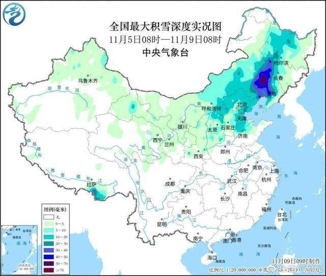 近期全国最大积雪深度实况图。 图源：中国气象局