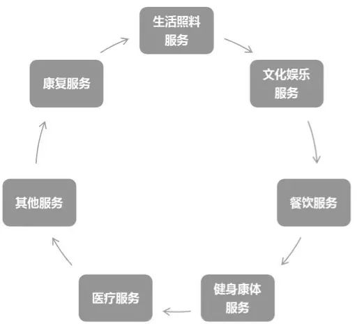 △&nbsp;CCRC 社区的服务系统概念图。有些社区还会根据地方特色和老年人的特殊需求提供定制化服务。图片来源 | 昱言养老