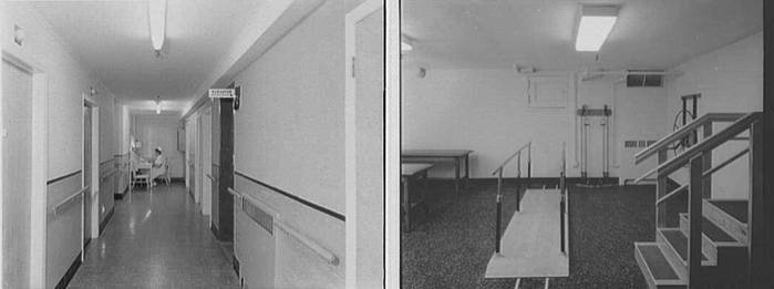 △&nbsp;1957 年，纽约市牙买加区的一所疗养院内部。由于产业化的现代养老院最初侧重于提供医疗服务，因此建设方案也遵循了医院的规范。图片来源 | nextavenue