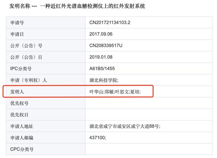 《一种近红外光谱血糖检测仪上的红外发射系统》专利申报信息。国家知识产权局专利检索及分析官网 截图  