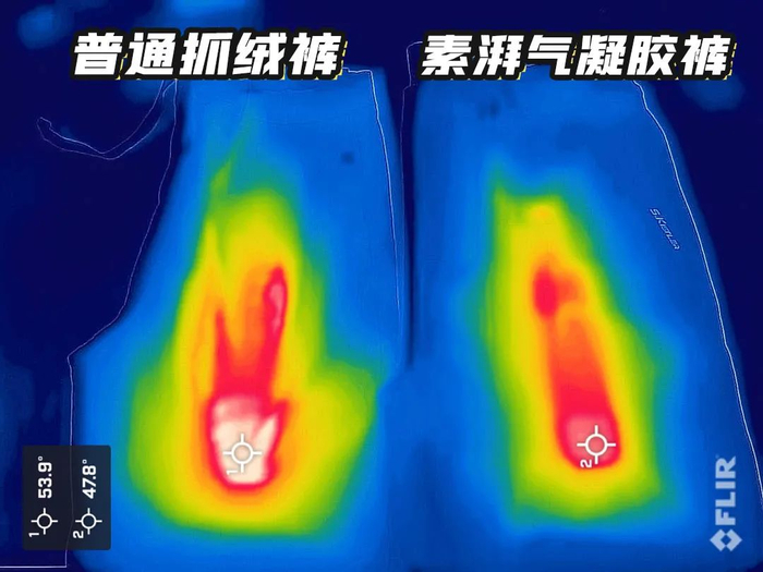 △左1为普通裤子，右2为素湃气凝胶裤子