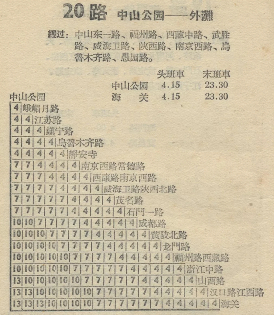 1959年公交手册中的20路无轨电车票价表