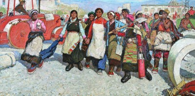 　　《我们走在大路上》（油画） 潘世勋