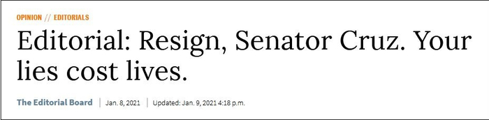 《休斯敦纪事报》评论文章：辞职吧，克鲁兹参议院，你的谎言付出了生命的代价