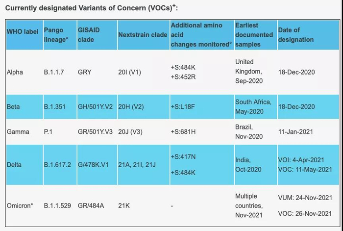 图1：WHO组织定义的5种密切关注的新冠病毒突变株（VOC）。 