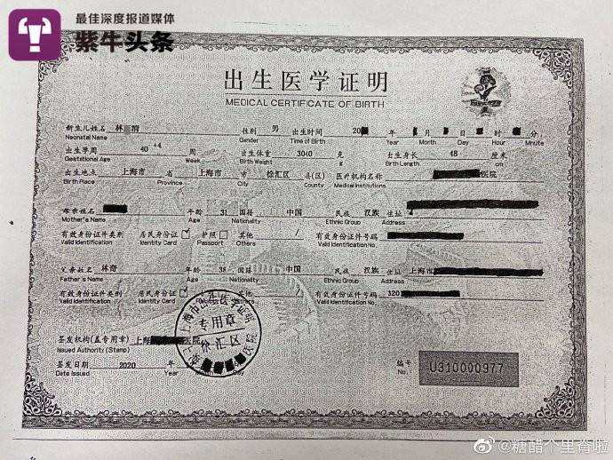 网友“糖醋个里脊啦”在微博发布的林某清的出生证明